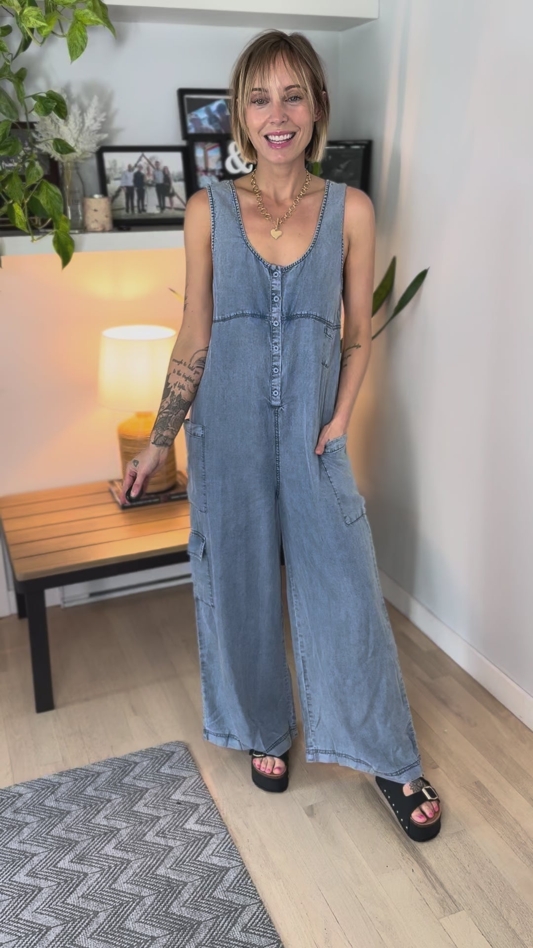 Celeste Wide Leg Tencel Cargo Pocket Jumpsuit- WASHED DENIM