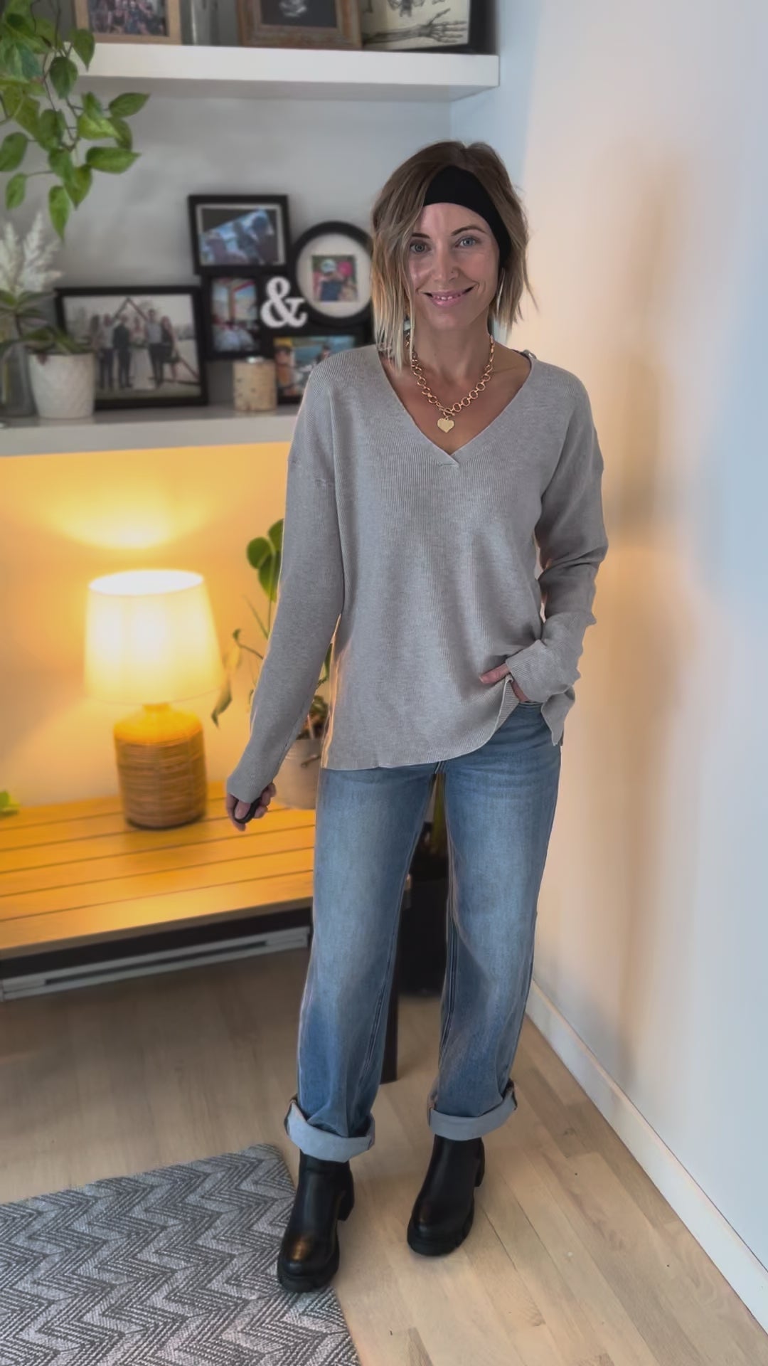 Jillian Knit V-Neck Drop Shoulder Sweater- HEATHER GREY