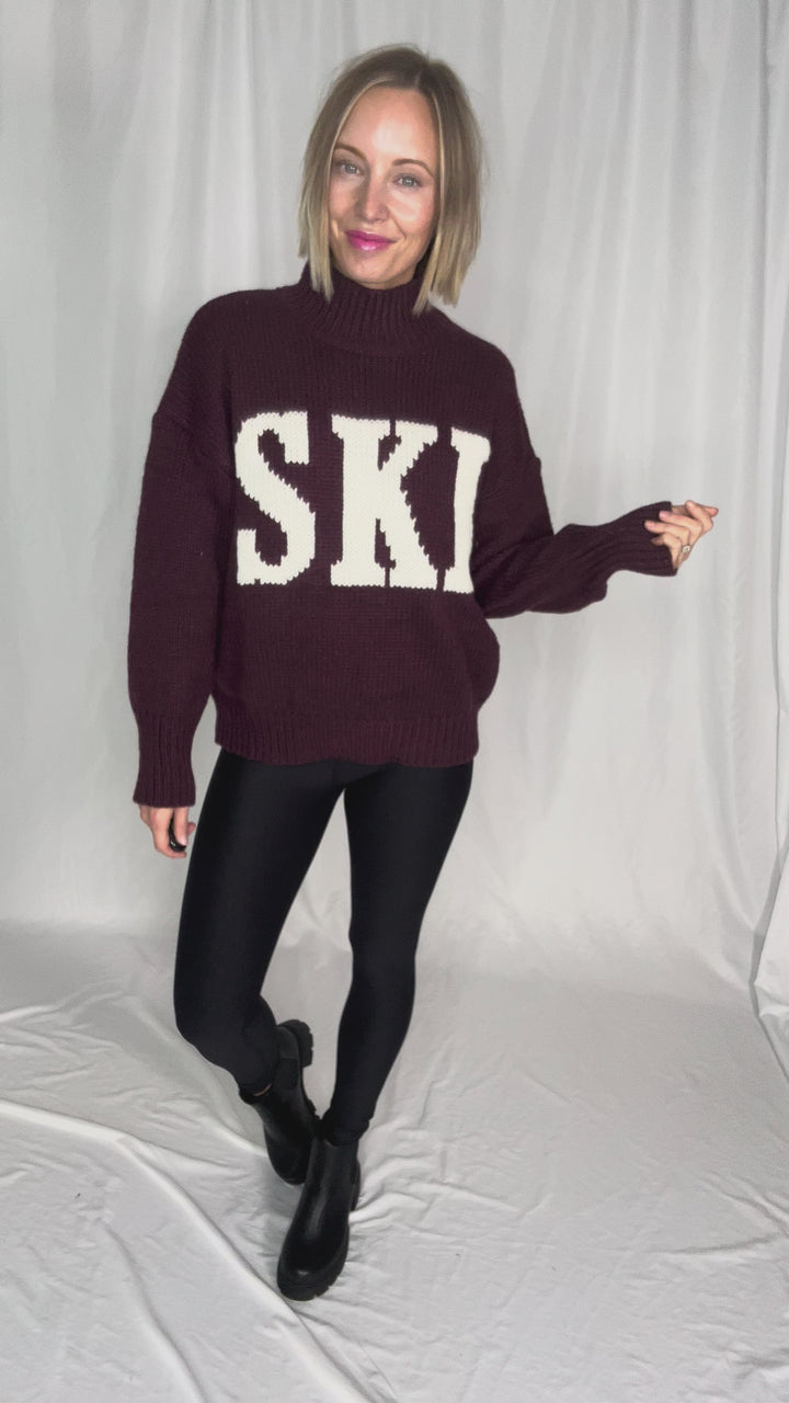 Apres Ski High Neck Sweater- WINE/IVORY