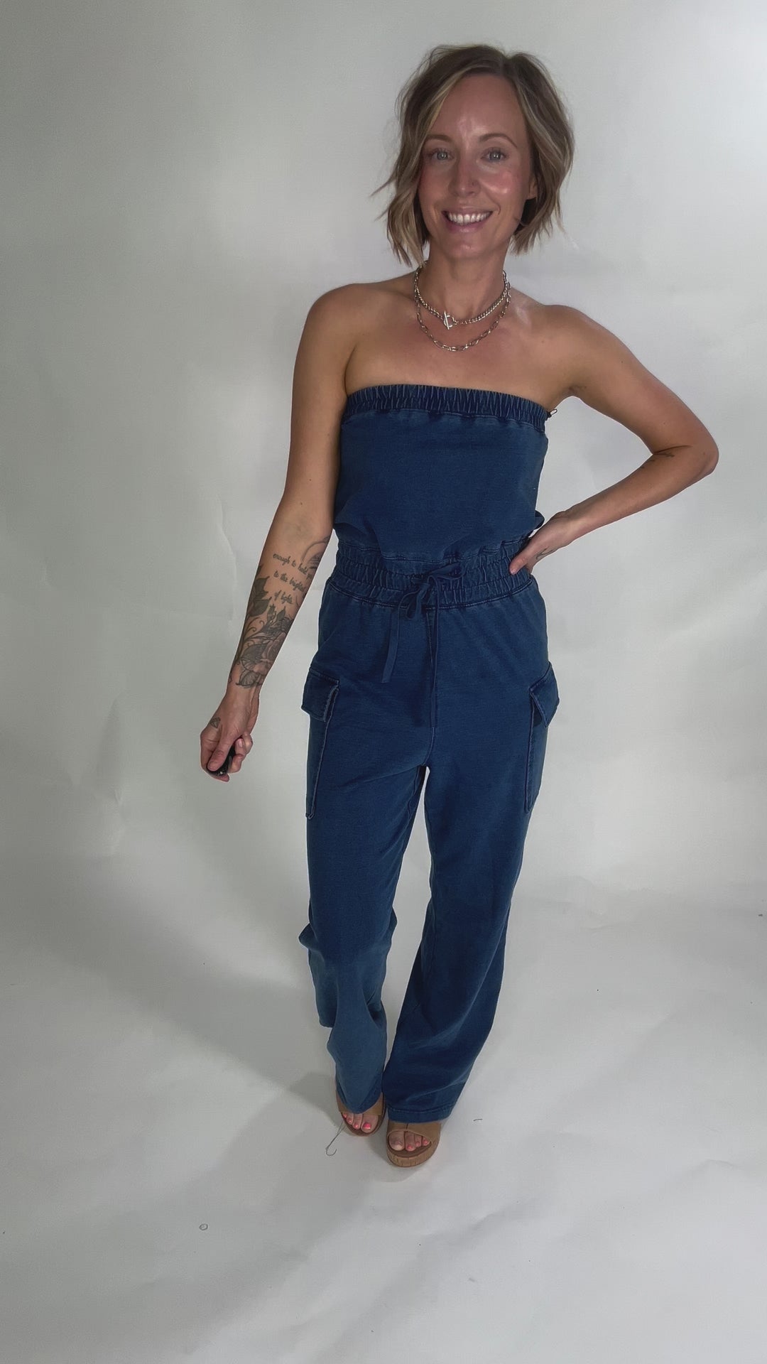 Luna Washed Strapless Banding Cargo Jumpsuit- MEDIUM BLUE-FINAL SALE