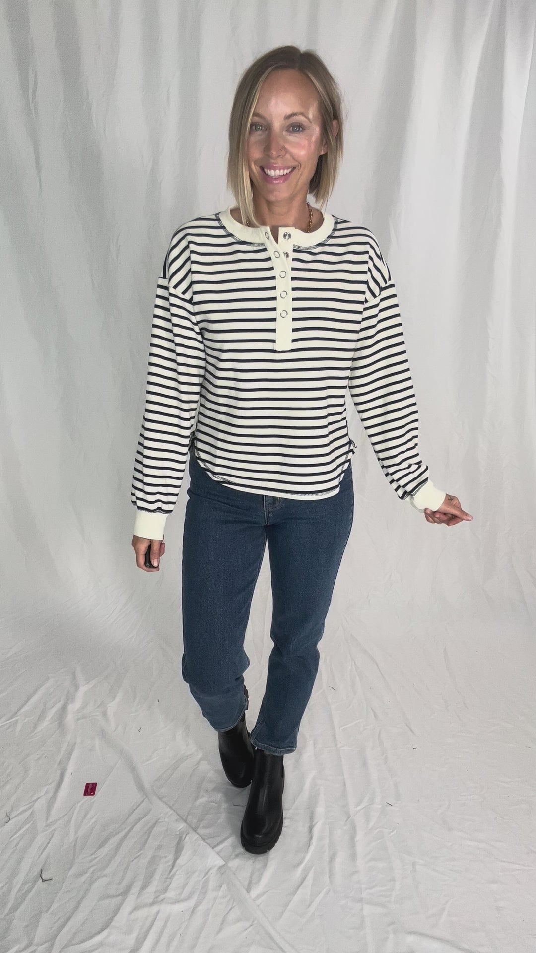 Vega Stripe Button Henley- NAVY