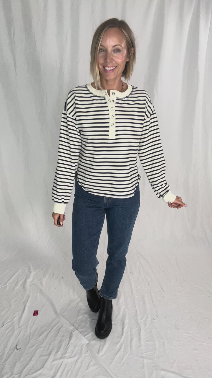 Vega Stripe Button Henley- NAVY