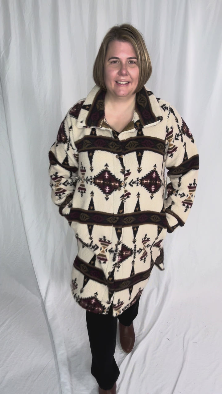 Ainsley Longline Sherpa Jacket- SEPIA GEOMETRIC