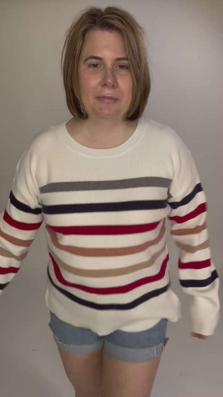 Stormi Crew Neck Stripe Sweater- WHITE/NAVY/RED-FINAL SALE