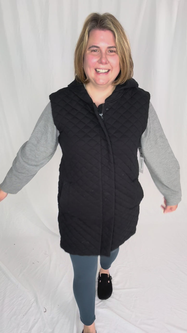 MONO B Solana Longline Quilted Vest- BLACK
