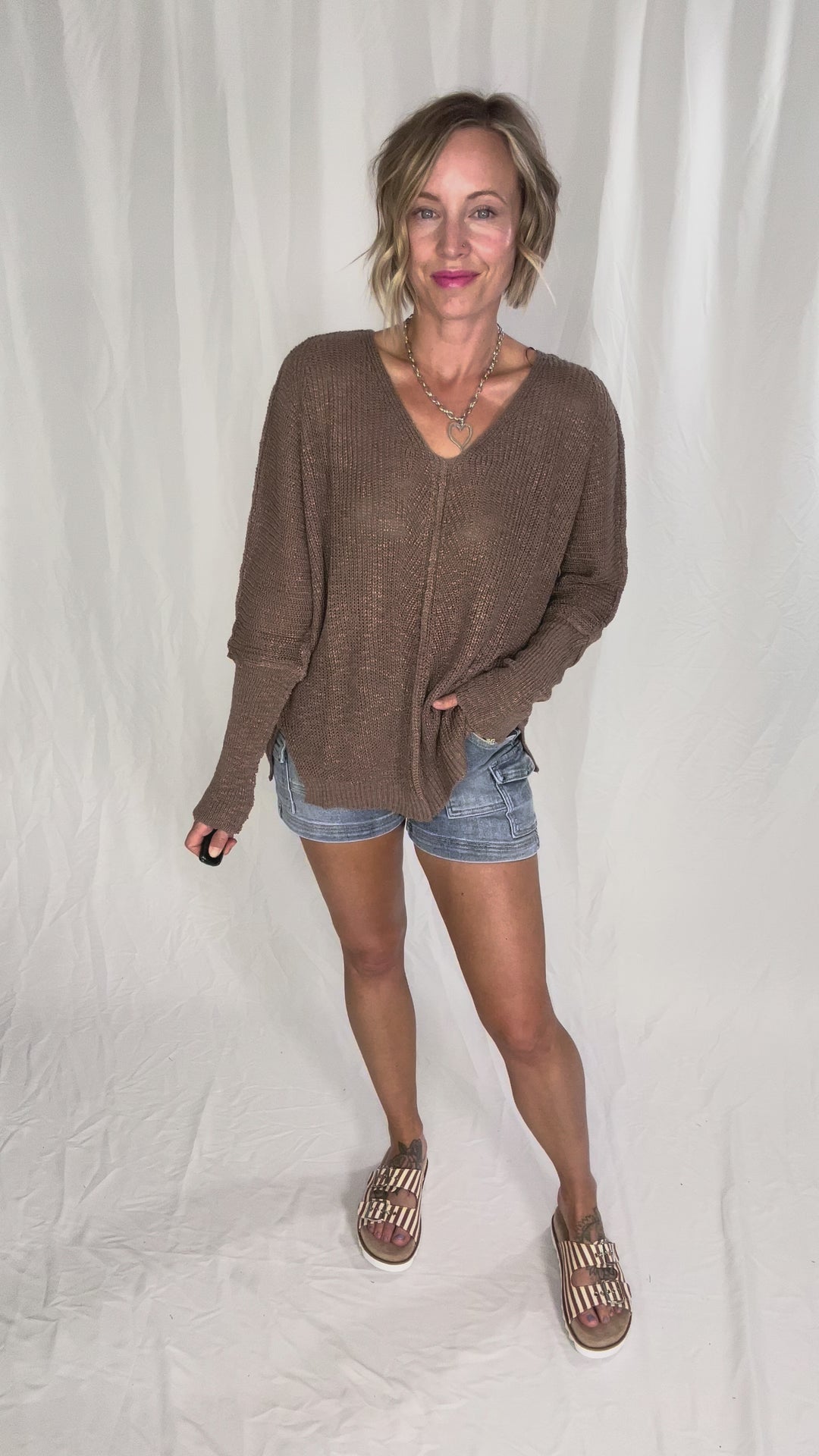 Simona Loose Fit V-Neck Sweater Pullover- MUSHROOM-FINAL SALE