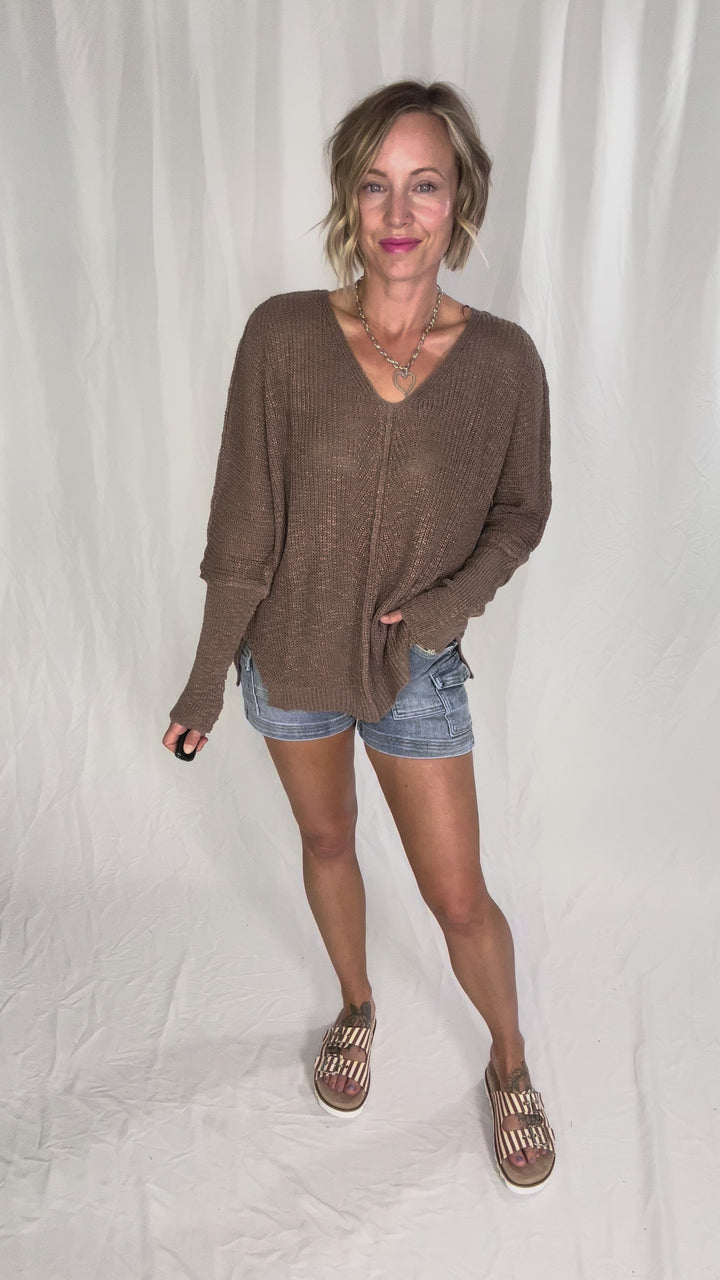Simona Loose Fit V-Neck Sweater Pullover- MUSHROOM-FINAL SALE