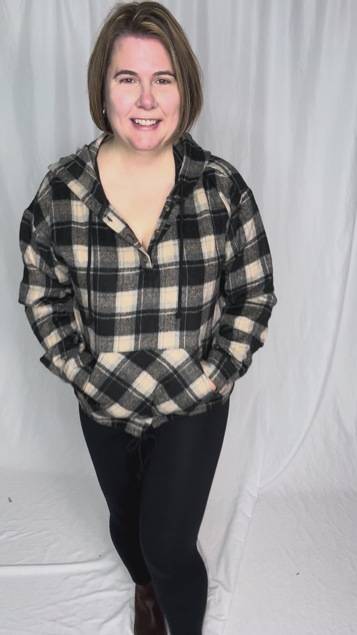 Briar Lightweight Flannel Plaid Pullover Hoodie- BLACK/COMBO