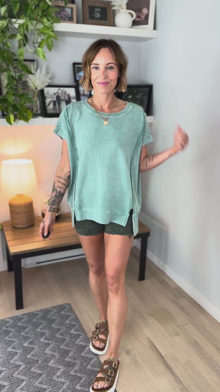 Seva Pullover Washed Top- DK GREEN