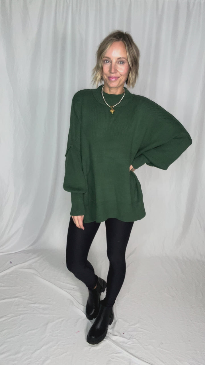 Frosted Pines Oversized Side Slit Sweater- DARK GREEN