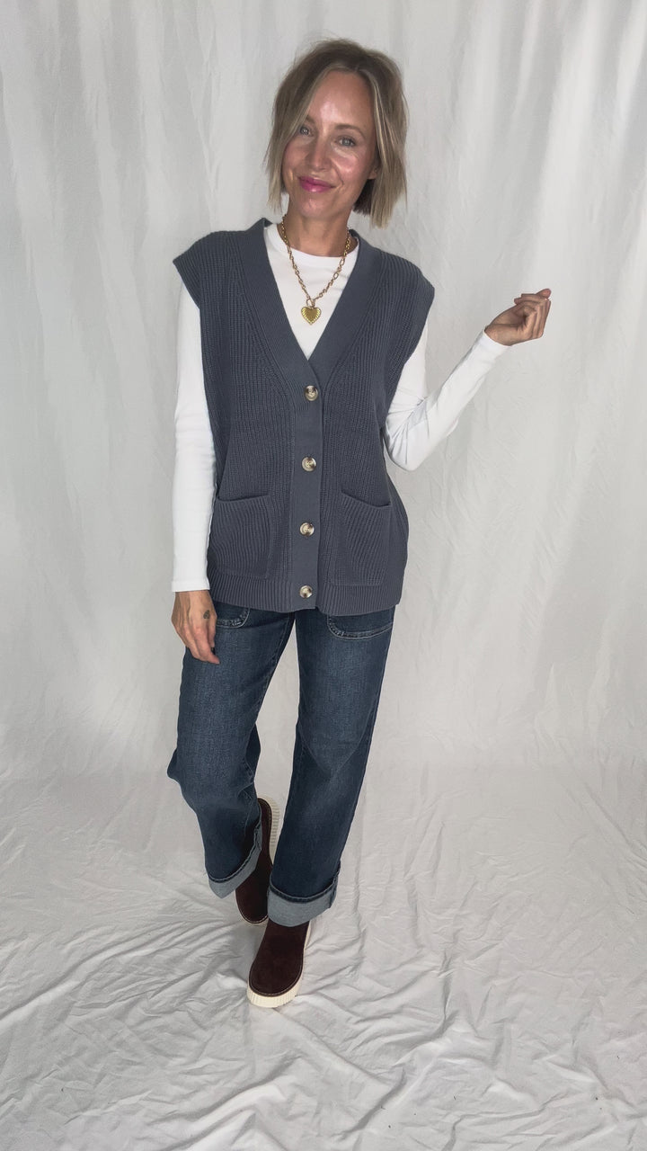 Dallas Chunky Knit Varsity Style Sweater- DENIM