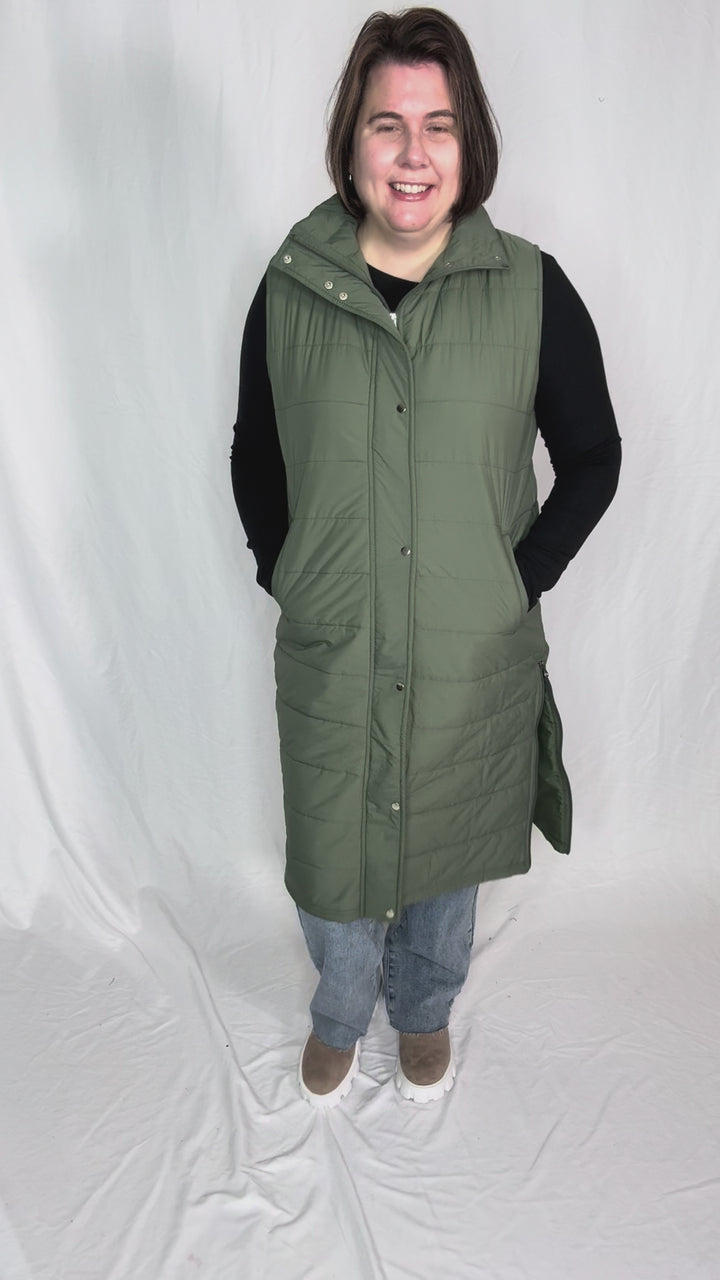 Kendall Long Line Puffer Vest- OLIVE