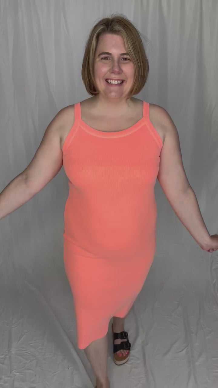 Connie Ribbed Midi Tank Dress- NEON CORAL-FINAL SALE