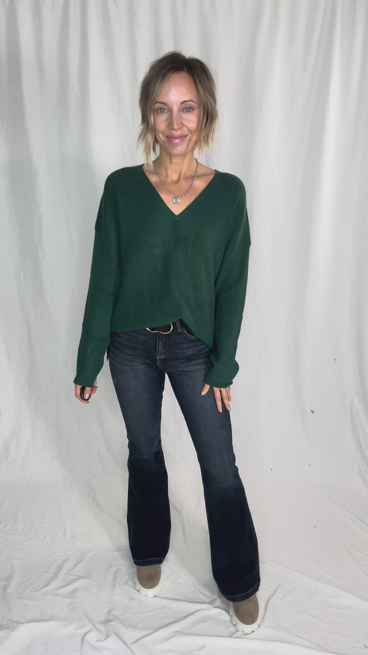 Jillian Knit V-Neck Drop Shoulder Sweater- TEAL GREEN