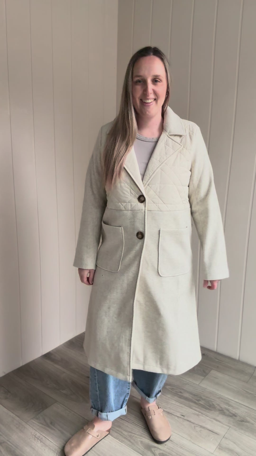 Erika Long Line Quitled Contrast Coat- ALMOND