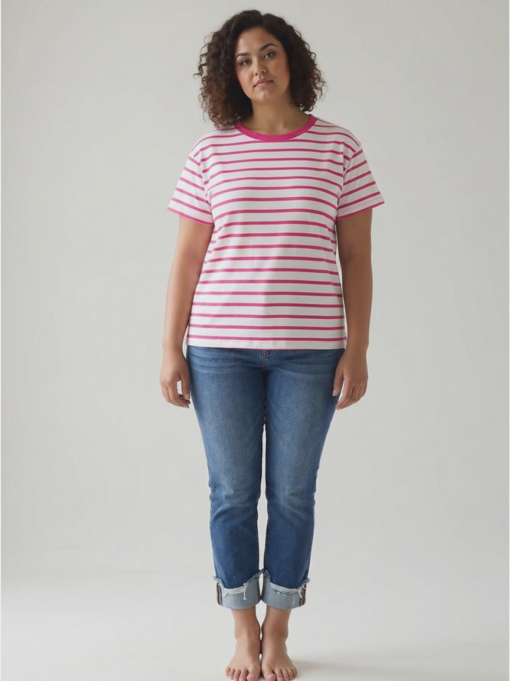 Marlene Striped Cotton T-Shirt- HOT PINK