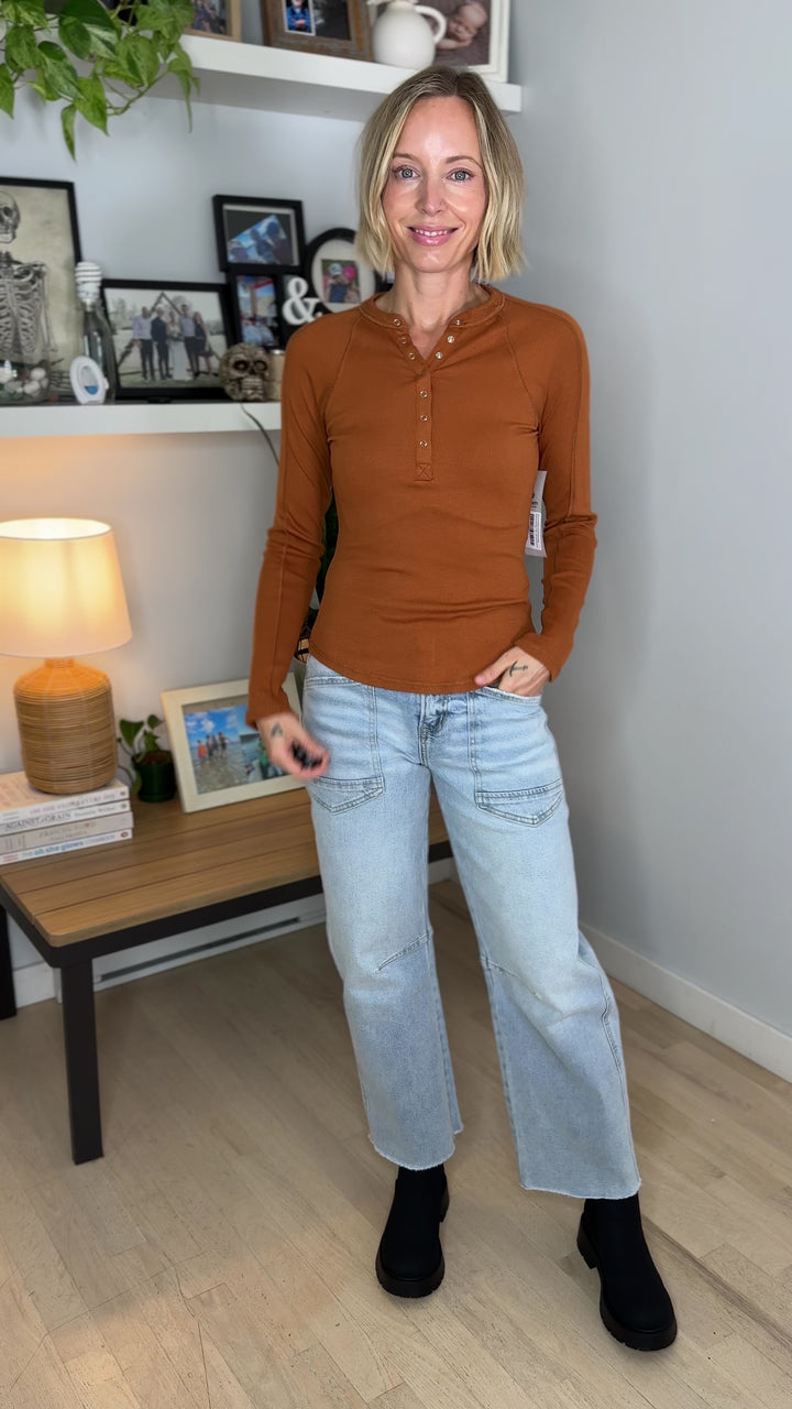 Mono B Diane Essential Long Sleeve Henley Top- GOLDEN HOUR