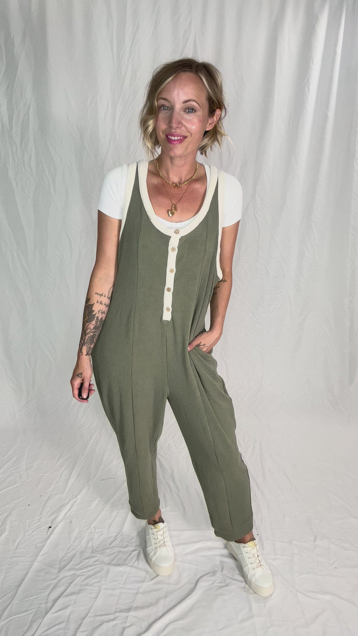 Olsen Sleeveless Button Down Jumpsuit- DRY HERB