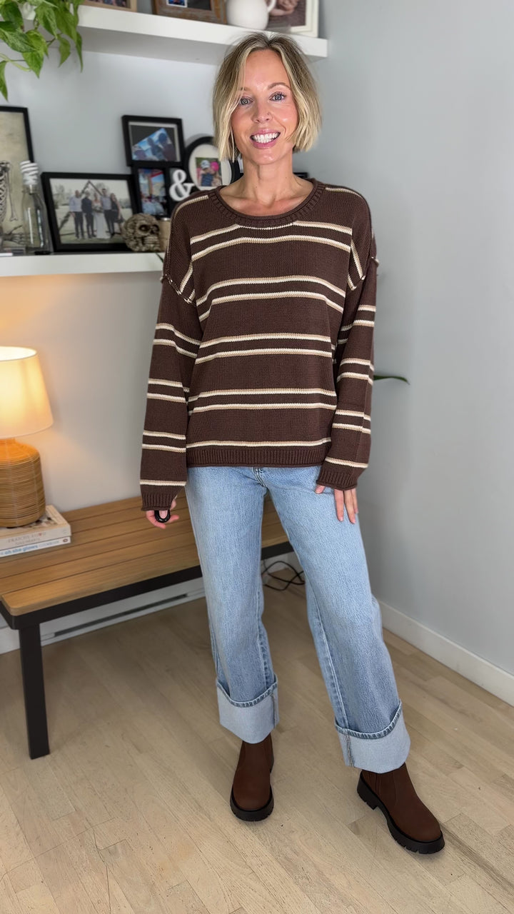 Dove Striped Round Neck Sweater- BROWN MULTI