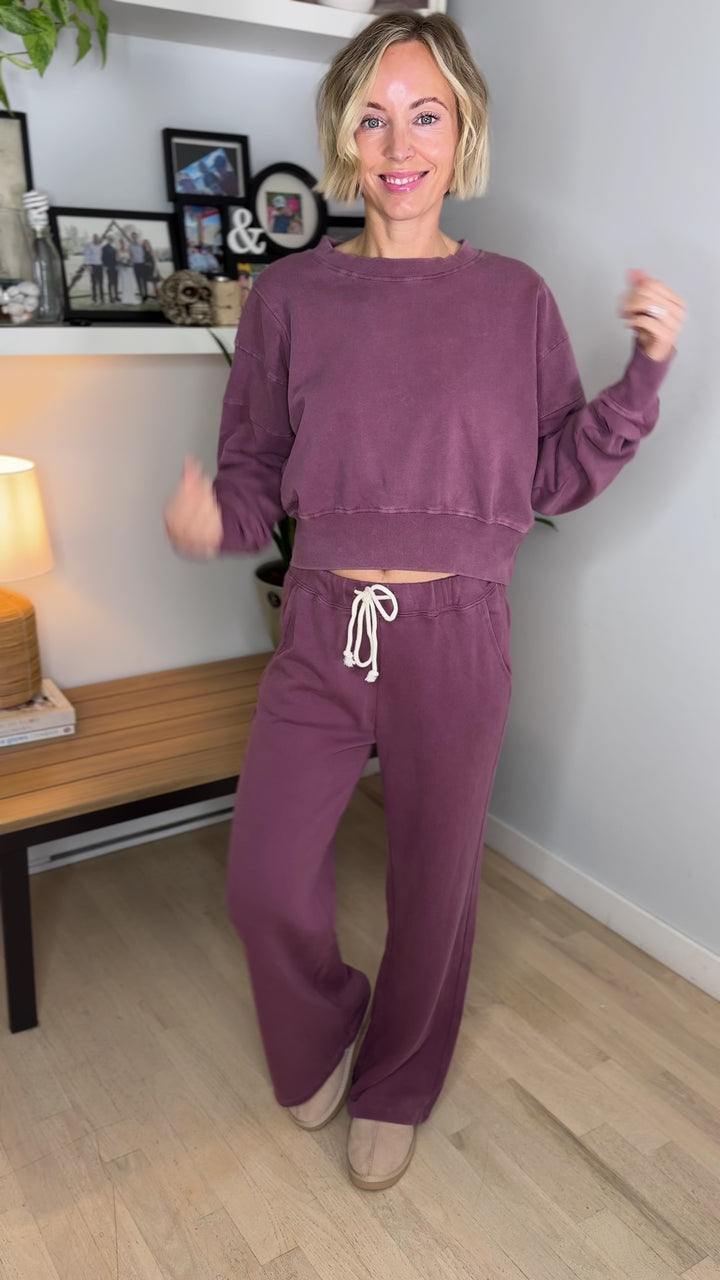 MONO B Sophia Salt Wash Cotton Cropped Sweatshirt- ROSEWOOD