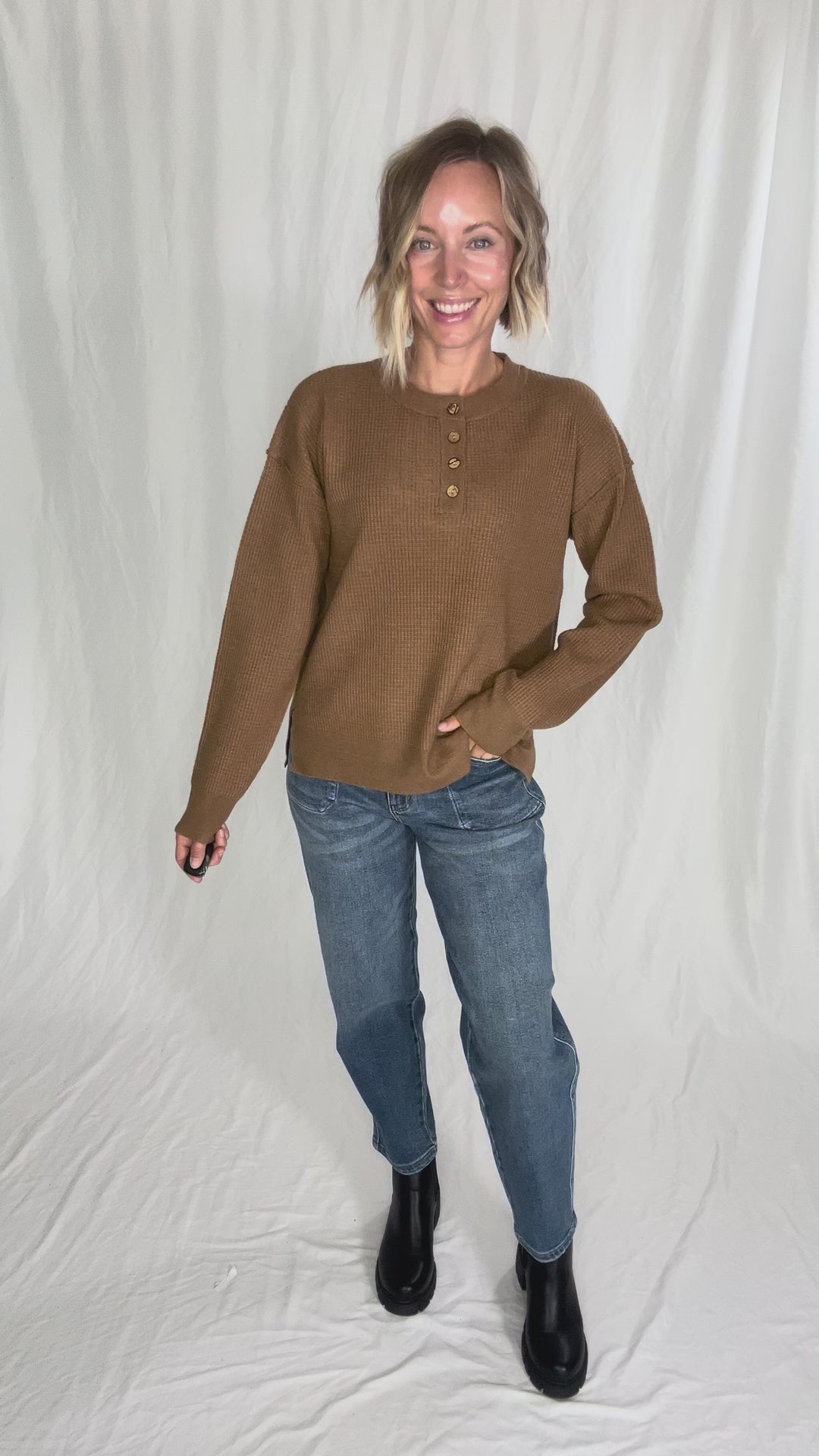 Kayla Waffle Knit Henley Sweater- BROWN