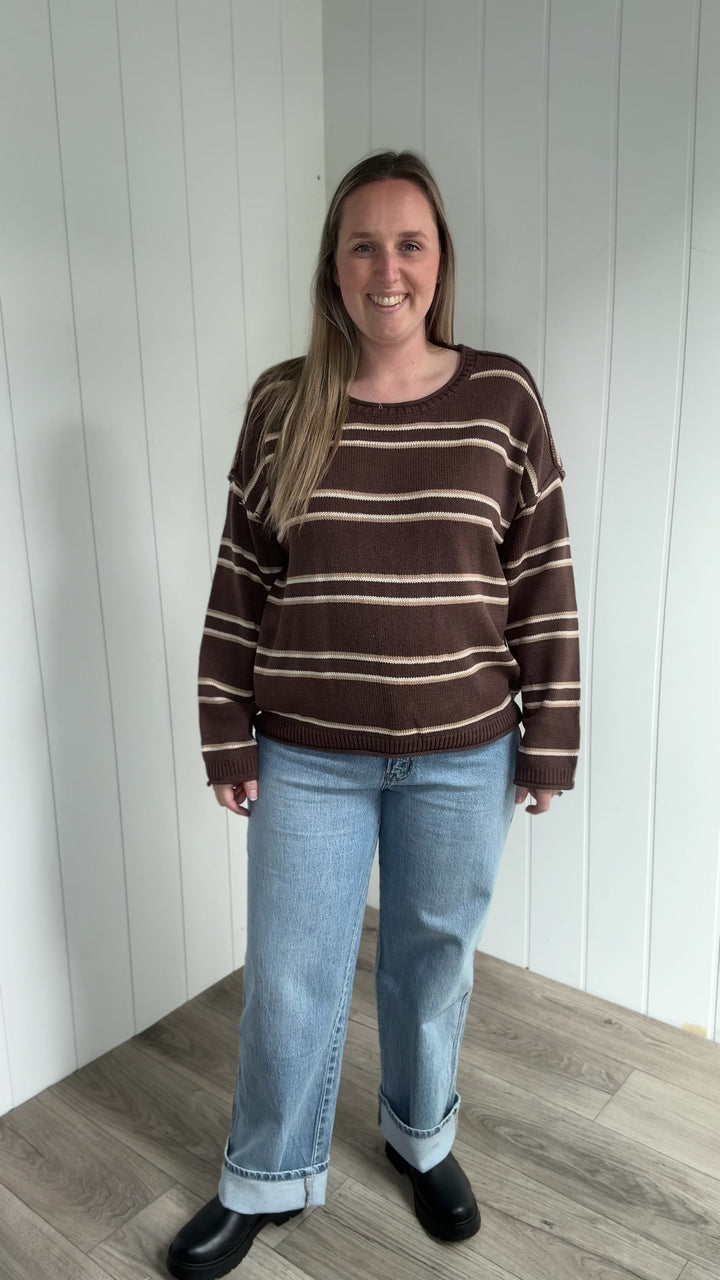 Dove Striped Round Neck Sweater- BROWN MULTI