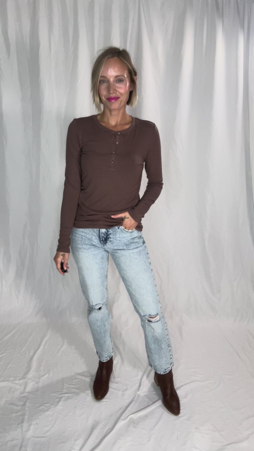Reign Ultra Soft Basic Long Sleeve Henley- BROWN