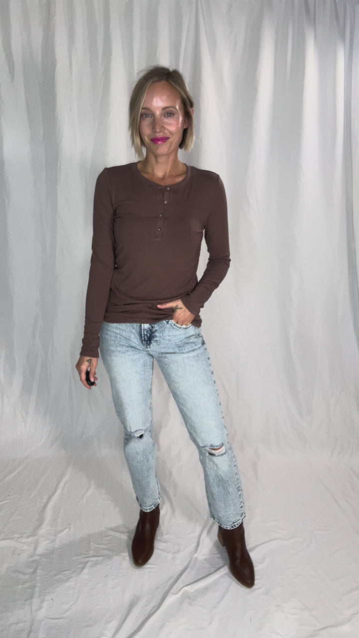 Reign Ultra Soft Basic Long Sleeve Henley- BROWN