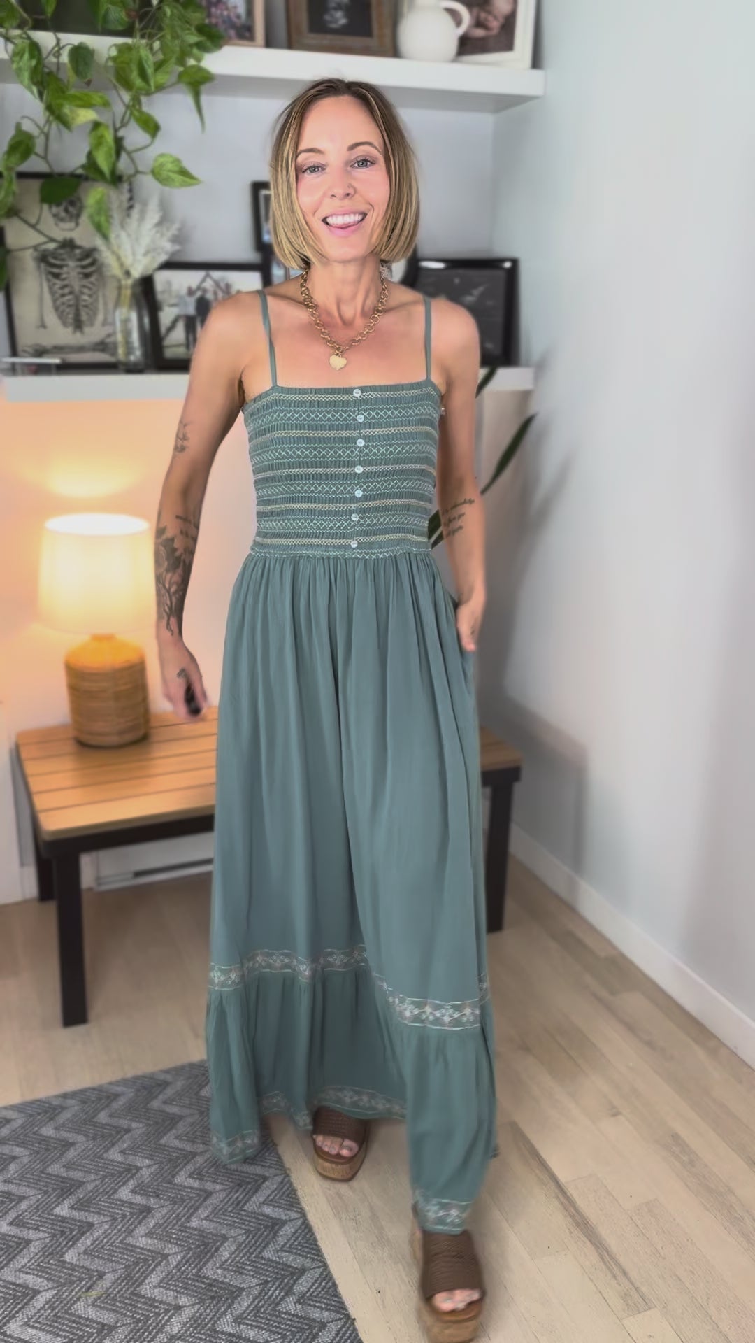 Ocean Pearl Smocked Maxi Dress- TEAL