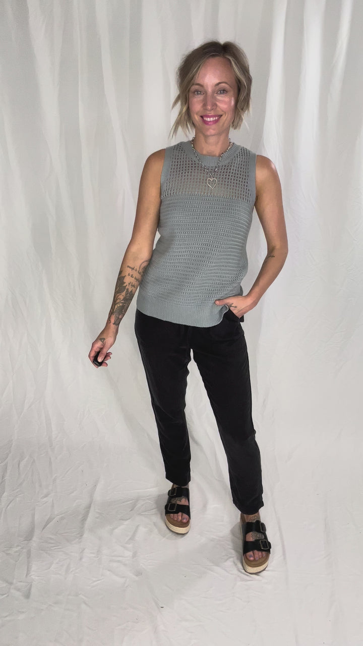 Maria Fish Net Chest Sleeveless Crew Neck Sweater- DUSTY BLUE-FINAL SALE