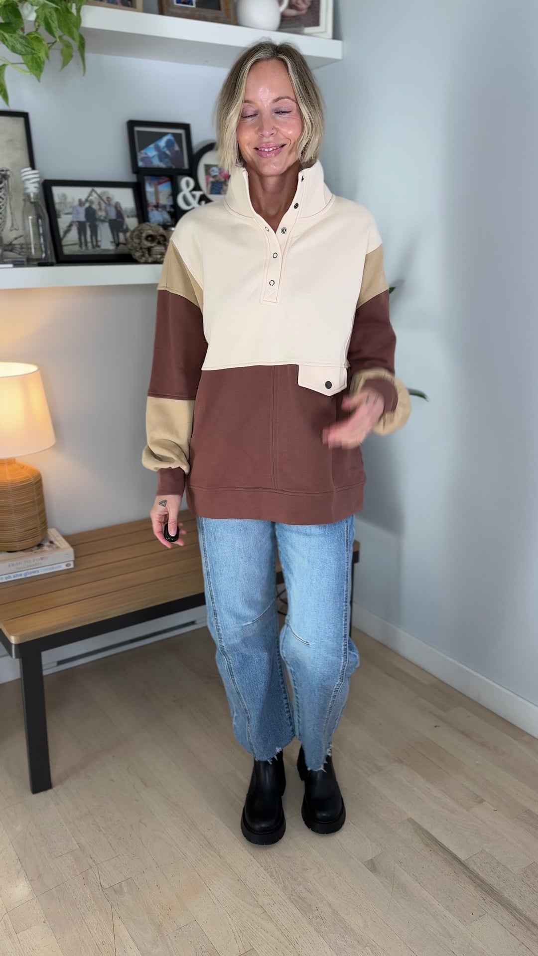 Fallon Henley Colour Block Pullover- BRICK BROWN