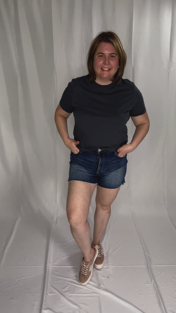 Katina High Rise Distressed Hem Denim Shorts- DARK WASH-FINAL SALE