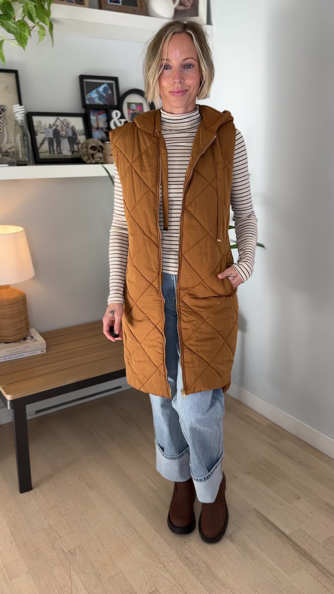Gloria Quilted Long Puffer Hooded Vest- SPICY LATTE