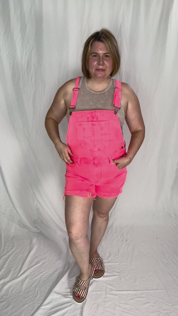 RISEN Jayla Front Distressed Short Overall- CORAL-FINAL SALE