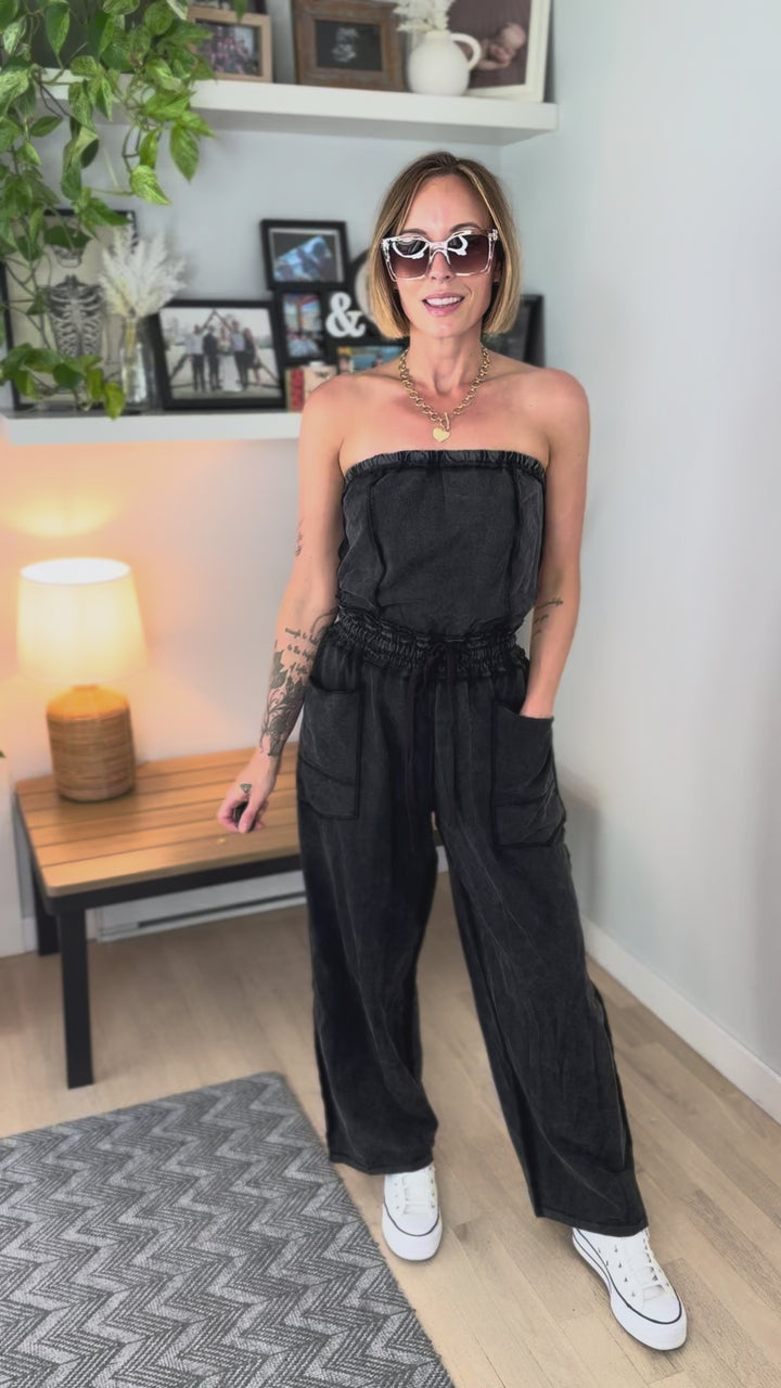 Beach Town Mineral Washed Strapless Jumpsuit- ASH BLACK