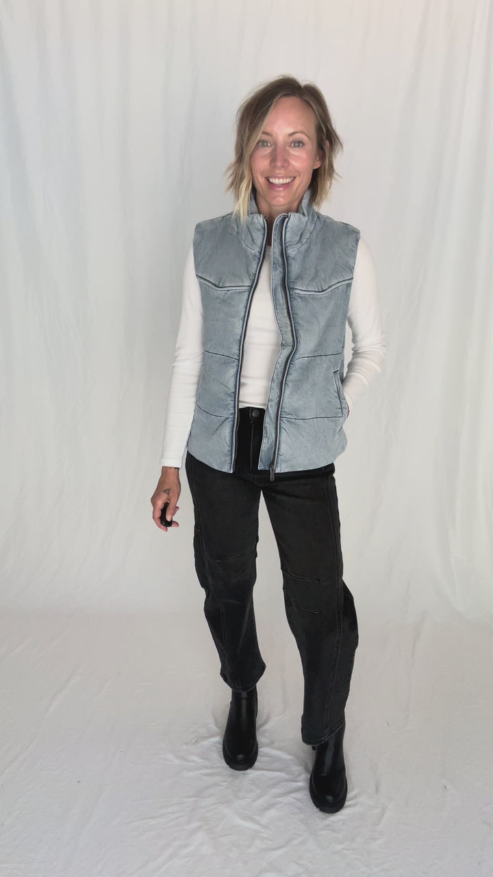 Eli Denim Puffer Vest- DENIM BLUE