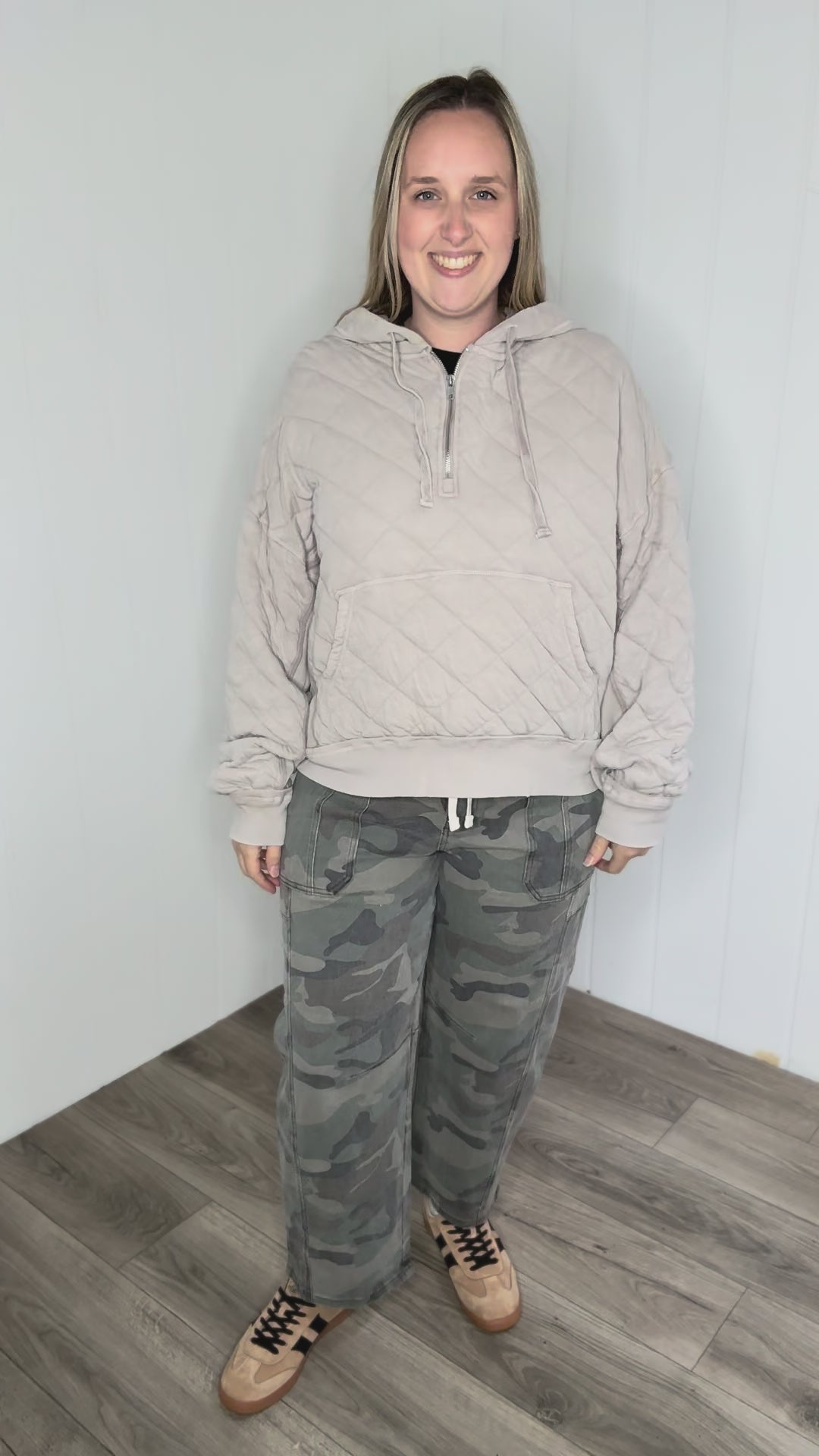 Sheri Quilted Quarter Zip Hoodie- BEIGE TAUPE
