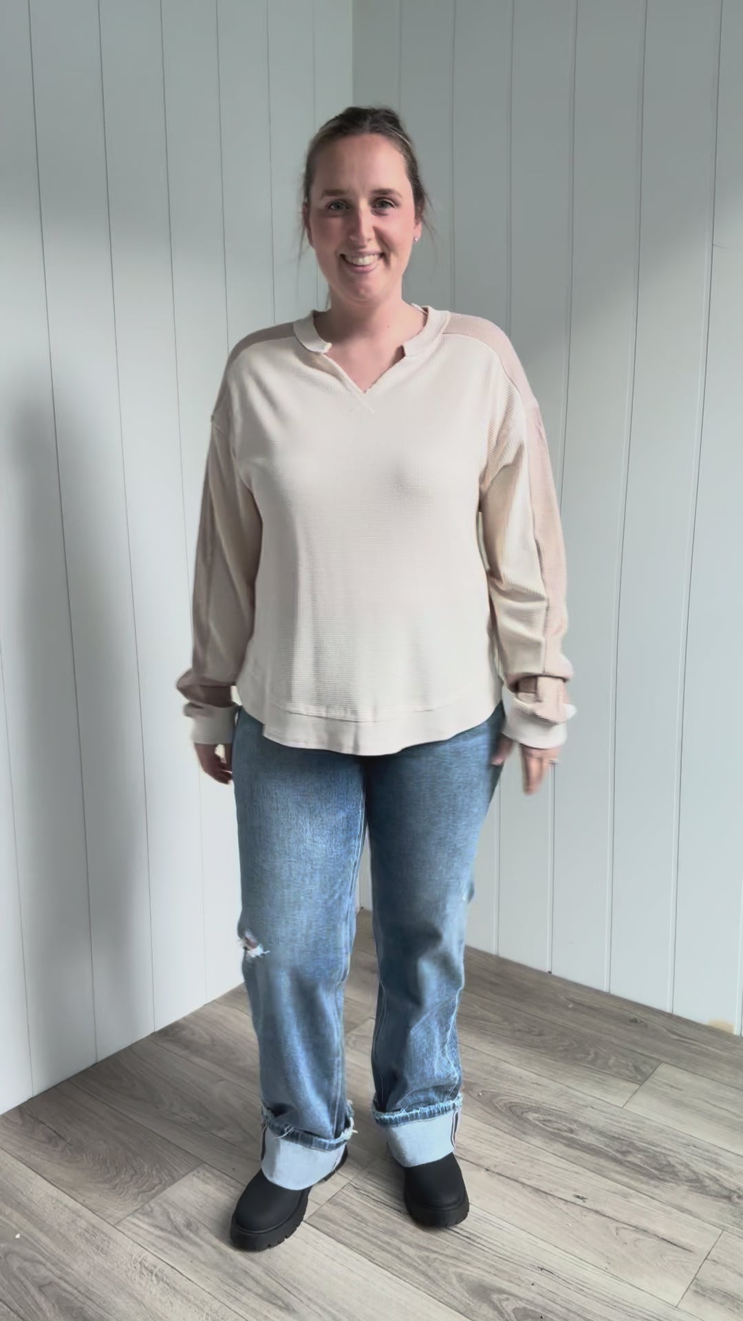 Elara Oversized Waffle Long Sleeve Pullover- NATURAL