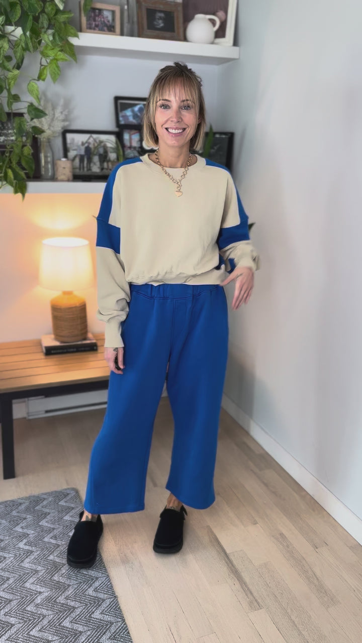 Mono B Blake Contrast Edge Cropped Sweatshirt- BONE/DEEP INDIGO