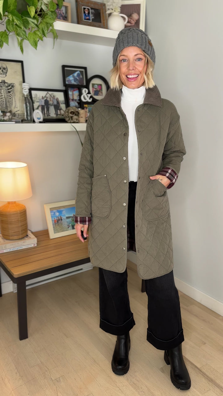 Hadley Quilted Long Jacket- OLIVE