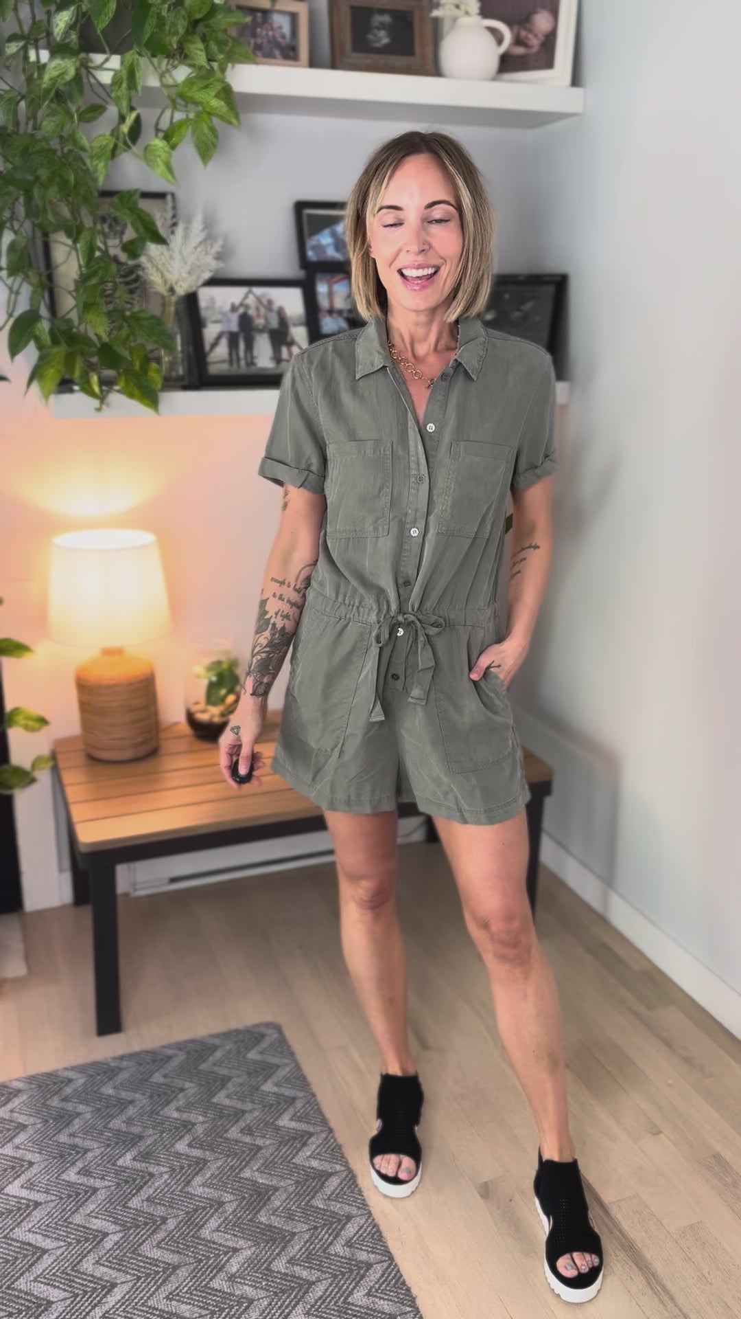 Tide Flower Tencel Romper- DUSTY OLIVE