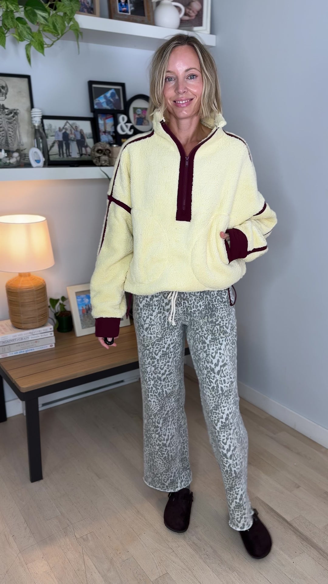 Salem Sherpa Mock Neck Quarter Zip Jacket- LEMONILLA/DARK CHERRY