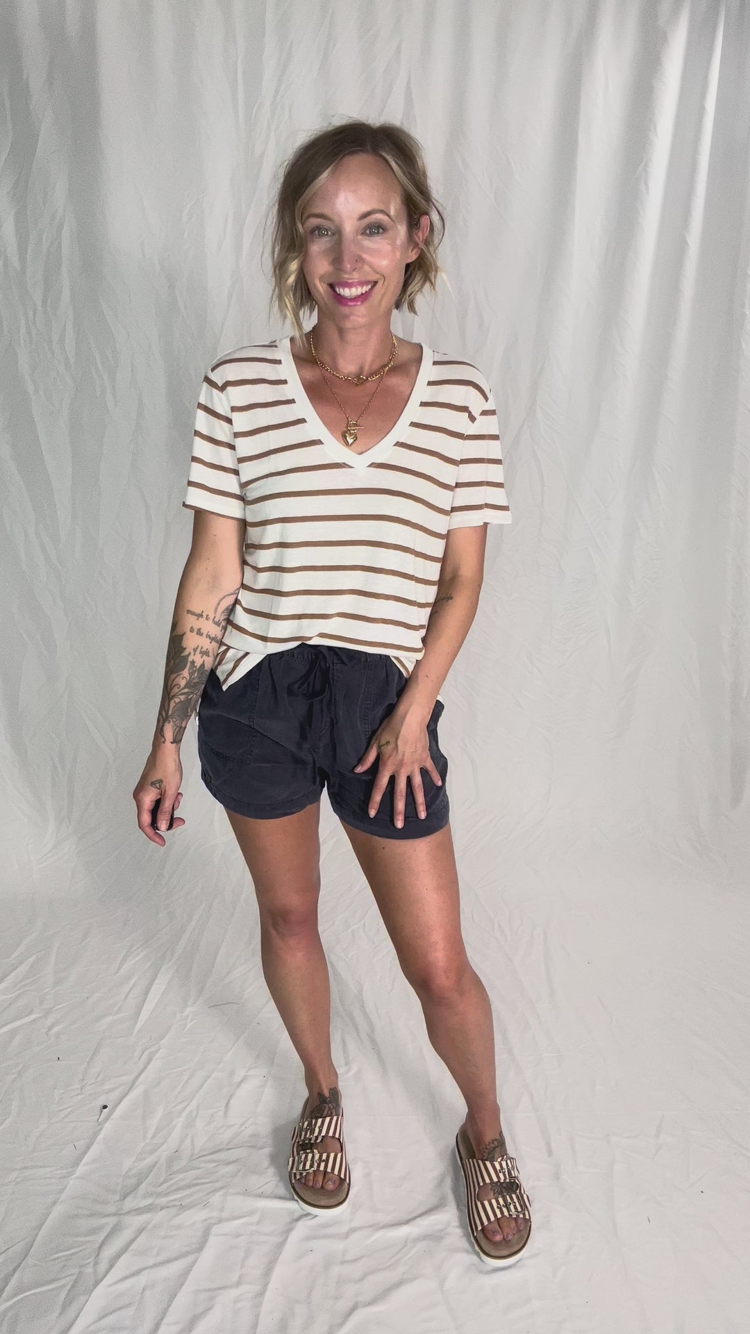 Chrishell Cotton Blend Relaxed Fit Striped T-shirt- TOFFEE-FINAL SALE