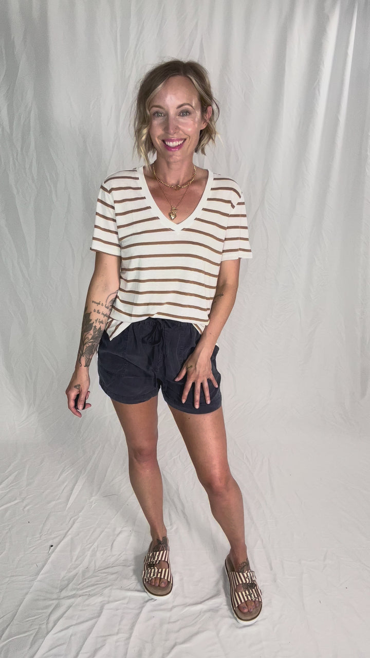 Chrishell Cotton Blend Relaxed Fit Striped T-shirt- TOFFEE-FINAL SALE