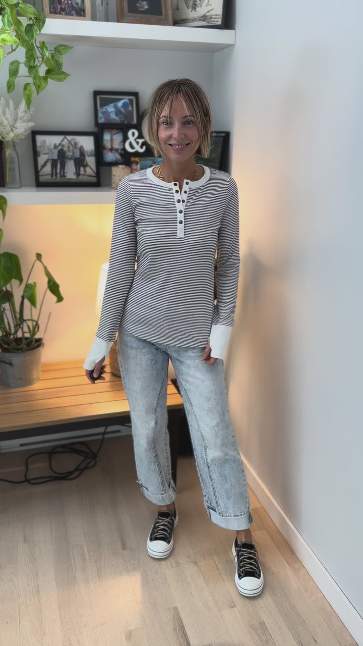 Drea Ribbed Snap Button Henley- OFF WHITE