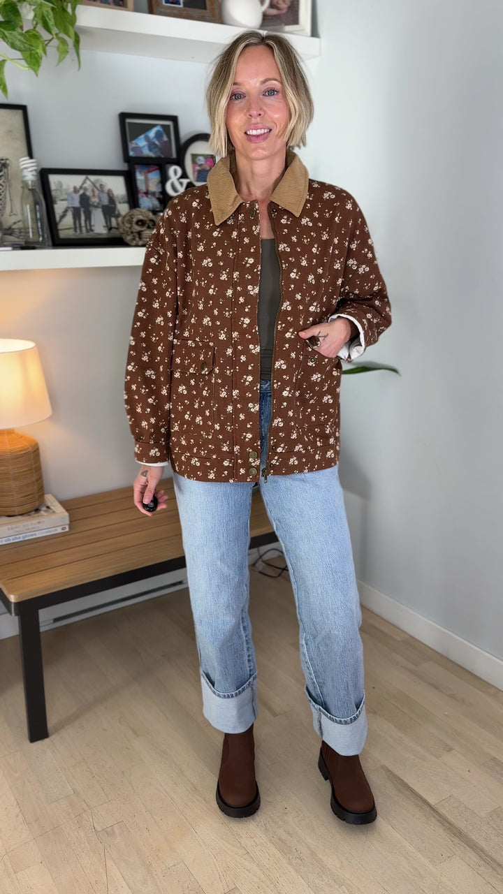 Alex Floral Corduroy Denim Jacket- BROWN MULTI
