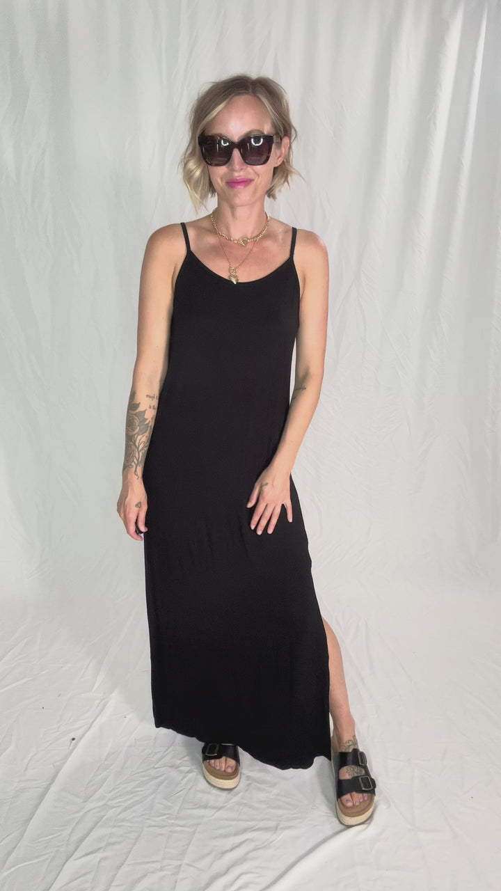 Sandy Bamboo Spaghetti Tank Maxi Dress- BLACK-FINAL SALE