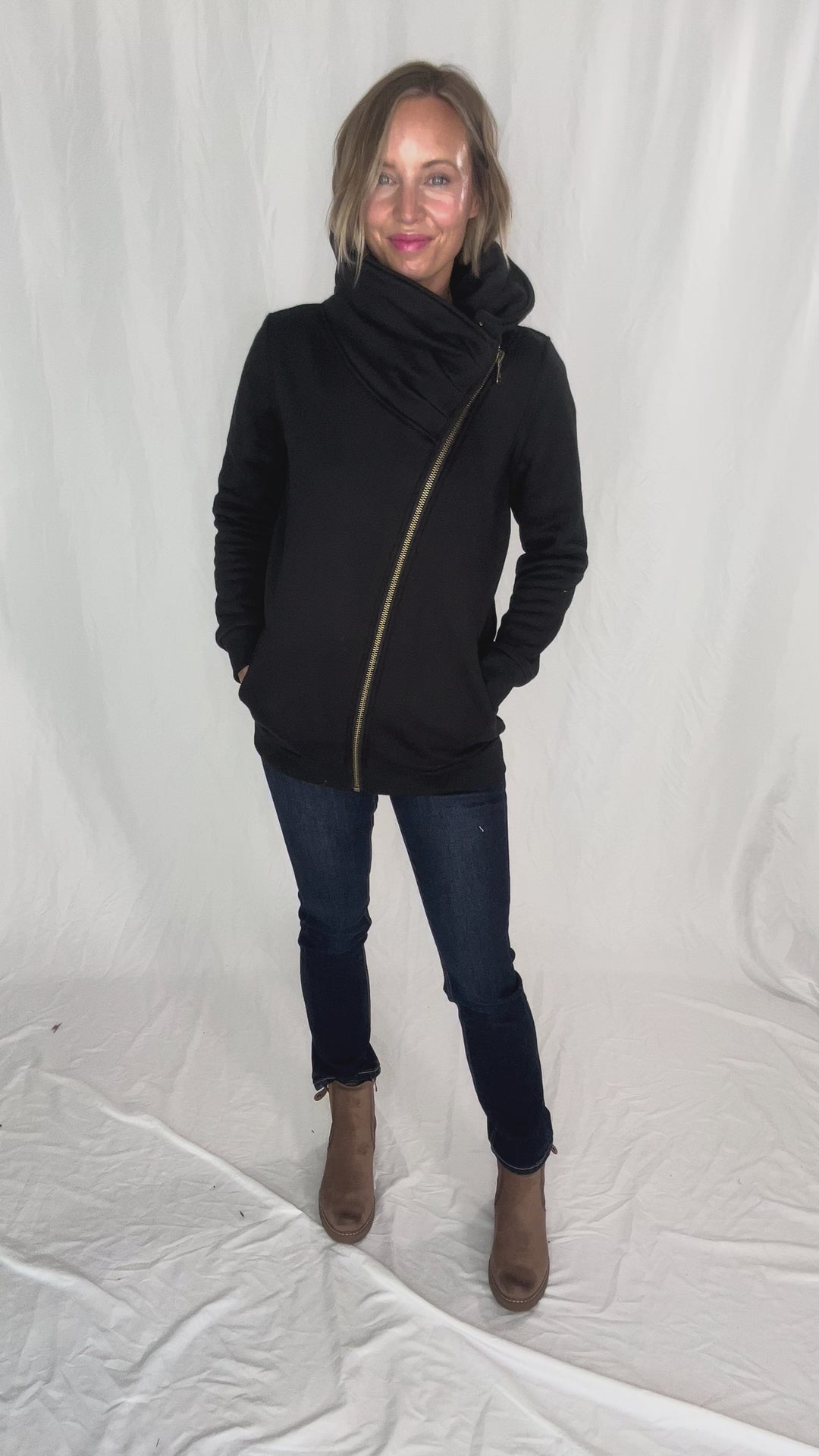 MICHELLE MAE Quinn Premium Cowl Neck Full Zip- BLACK