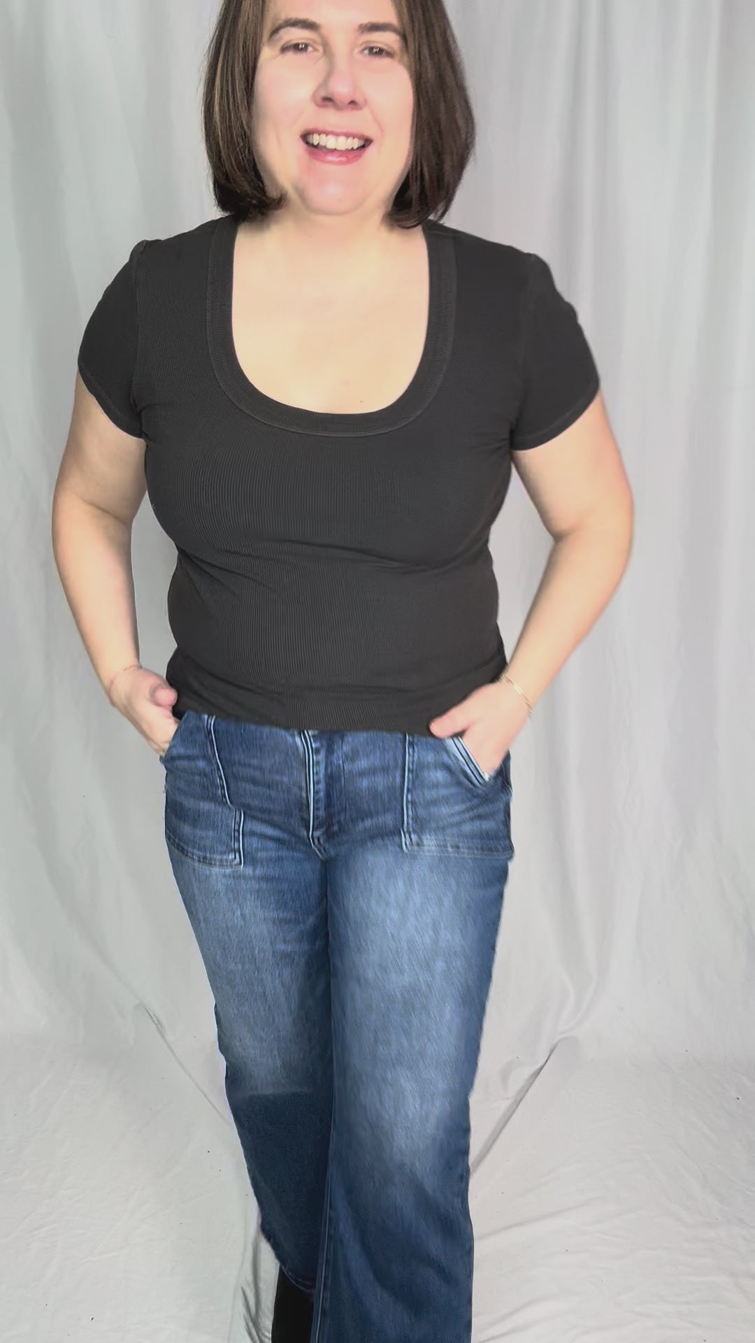 RISEN Groove High Rise Ankle Flare Patch Pocket Jeans- DARK WASH