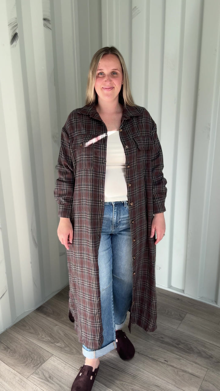 Jovie Plaid Duster- BROWN CREAM & BLUE PLAID